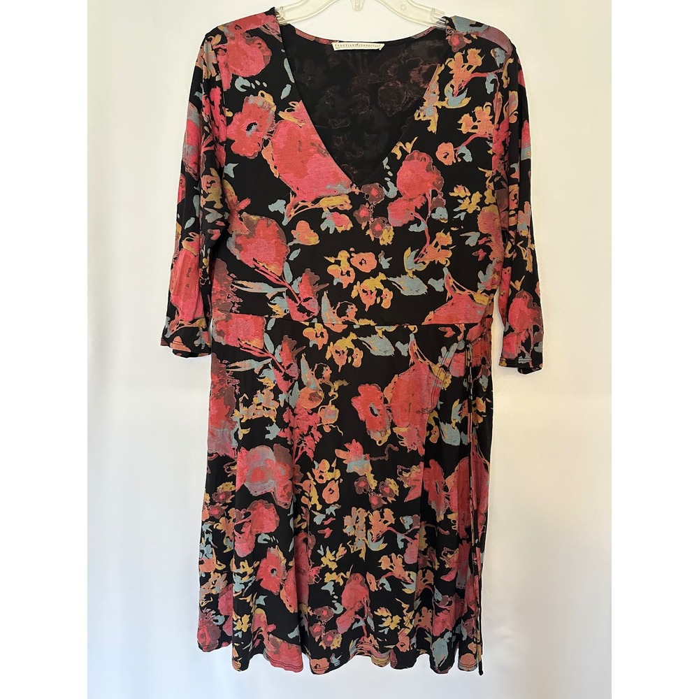 Peruvian Connection Floral Surplice Wrap Dress Large Black Pink Boho